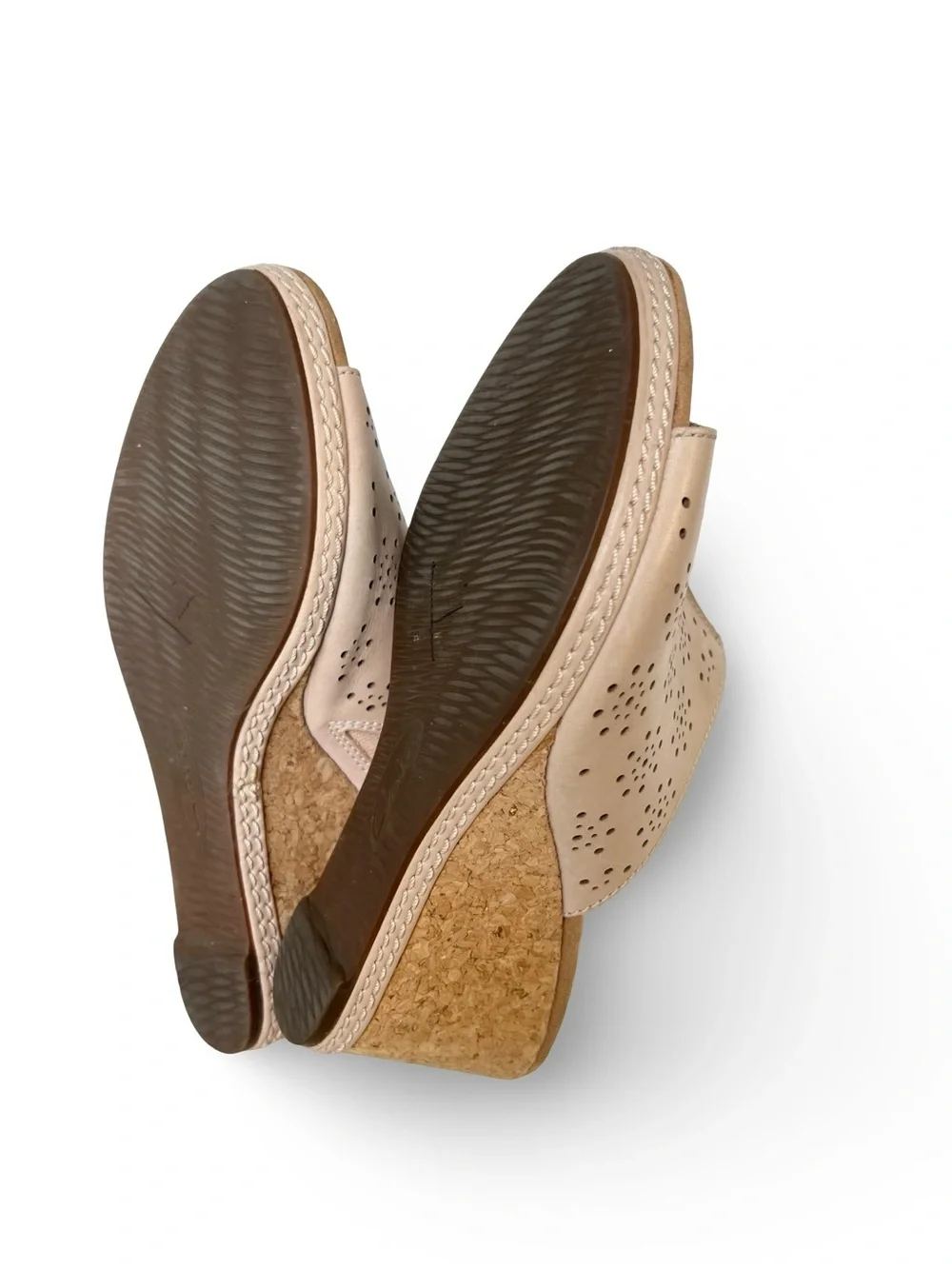 Clarks tan leather laser cut slip on cork wedges Size 6 Neutral Peep toe Summer